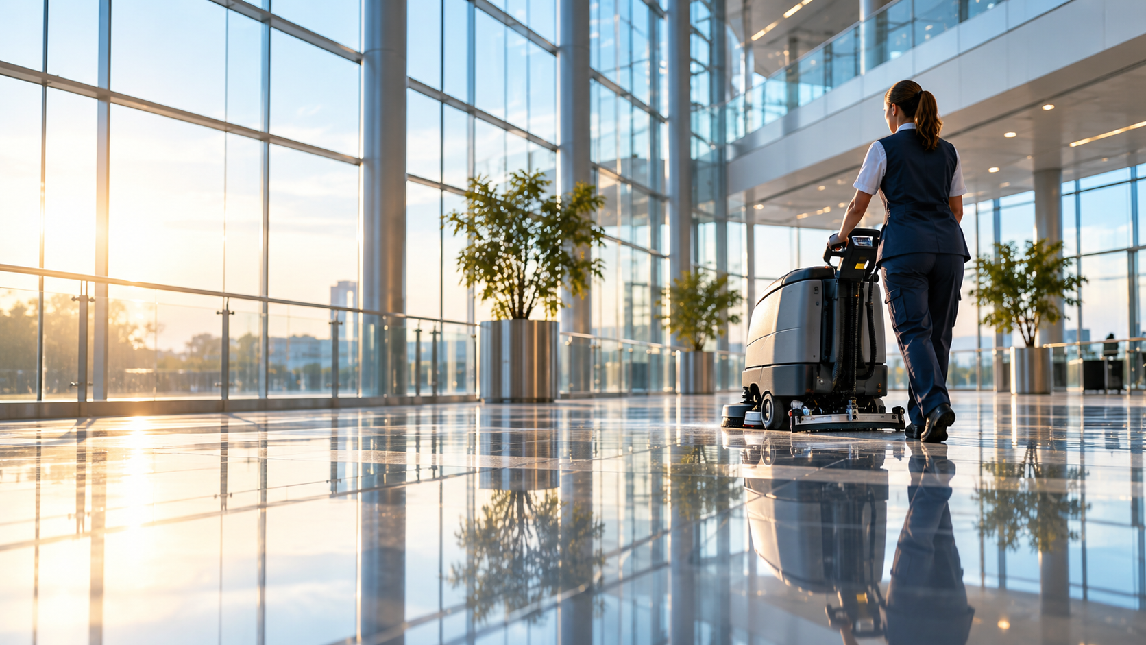 Limpeza profissional em amplo ambiente corporativo